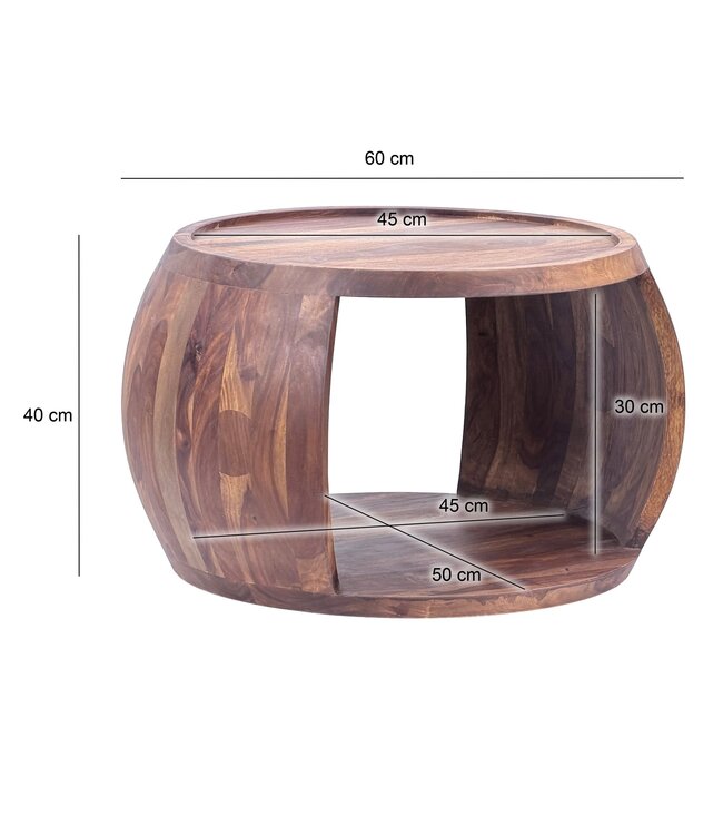 Wohnling Salontafel Sheesham Massief Hout Rond 60 cm x 50 cm x 40 cm · Woonkamertafel met Opbergvak · Handgemaakte Sofatafel van Echt Hout in Natuurlijk Landelijk Design