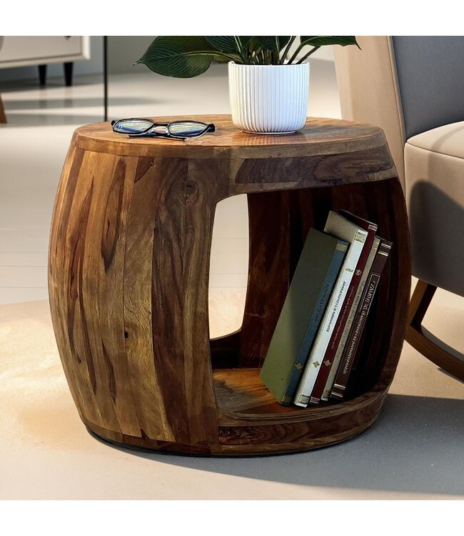 Wohnling Bijzettafel Ø 50cm Sheesham Massief Hout Rond met Opbergvak – Salontafel Echt Hout Handgemaakt, Woonkamertafel in Natuurlijk Design