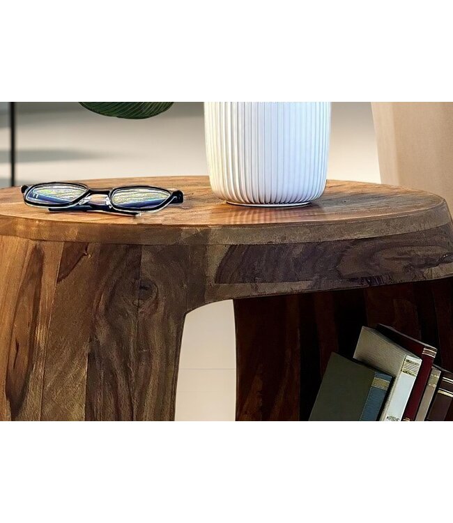 Wohnling Bijzettafel Ø 50cm Sheesham Massief Hout Rond met Opbergvak – Salontafel Echt Hout Handgemaakt, Woonkamertafel in Natuurlijk Design