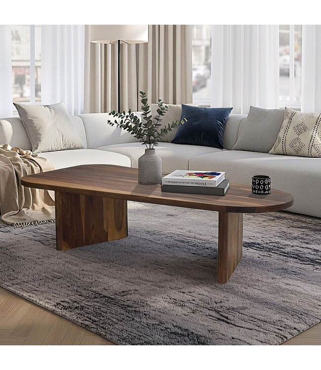 Wohnling Salontafel Sheesham Massief hout ovaal 120cm · Handgemaakte woonkamertafel in modern design met afgeronde vorm · Platte banktafel van echt hout