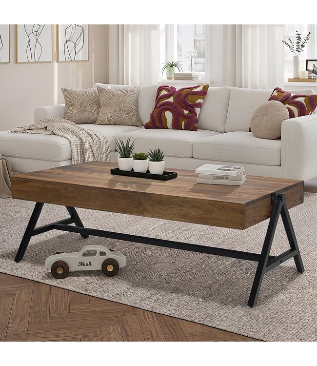 Wohnling Salontafel Sheesham Massief Hout Rechthoekig 120cm · Woonkamertafel met Metalen Onderstel · Handgemaakte Banktafel in Modern Industrieel Design met Stabiel Tafelblad