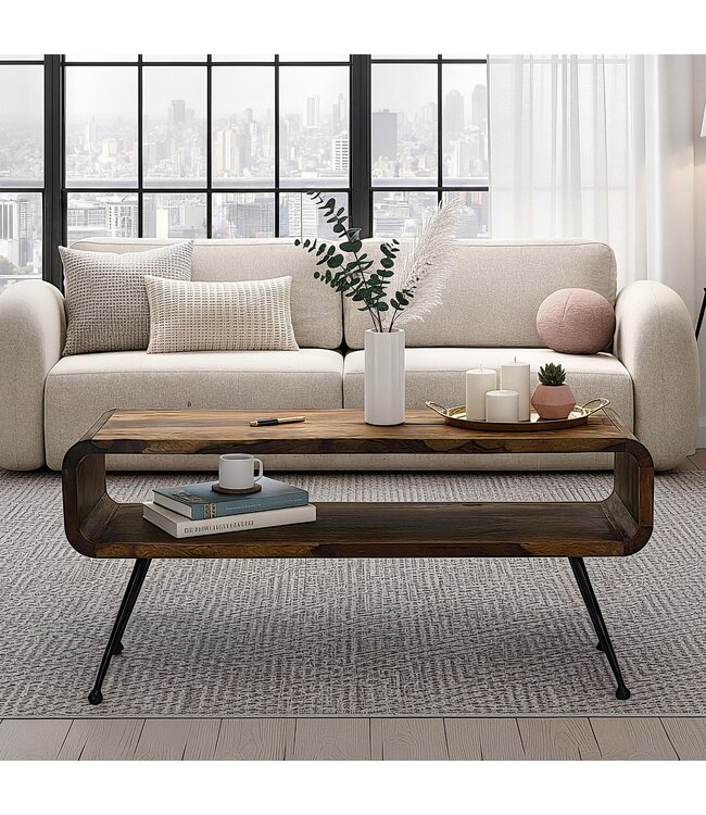 Wohnling Retro Salontafel Sheesham Massief Hout 100cm · Rechthoekige Woonkamertafel met Opbergvak · Handgemaakte Sofatafel van Hout met Metalen Poten in Industrieel Design