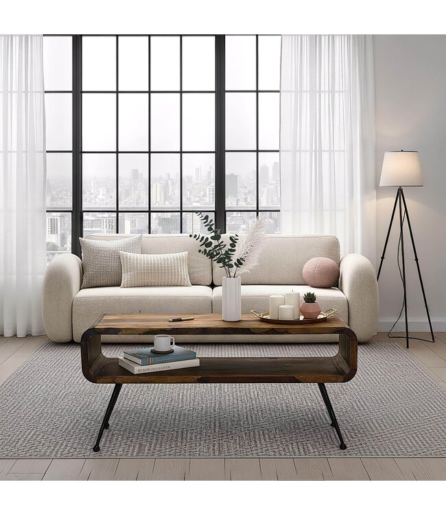 Wohnling Retro Salontafel Sheesham Massief Hout 100cm · Rechthoekige Woonkamertafel met Opbergvak · Handgemaakte Sofatafel van Hout met Metalen Poten in Industrieel Design