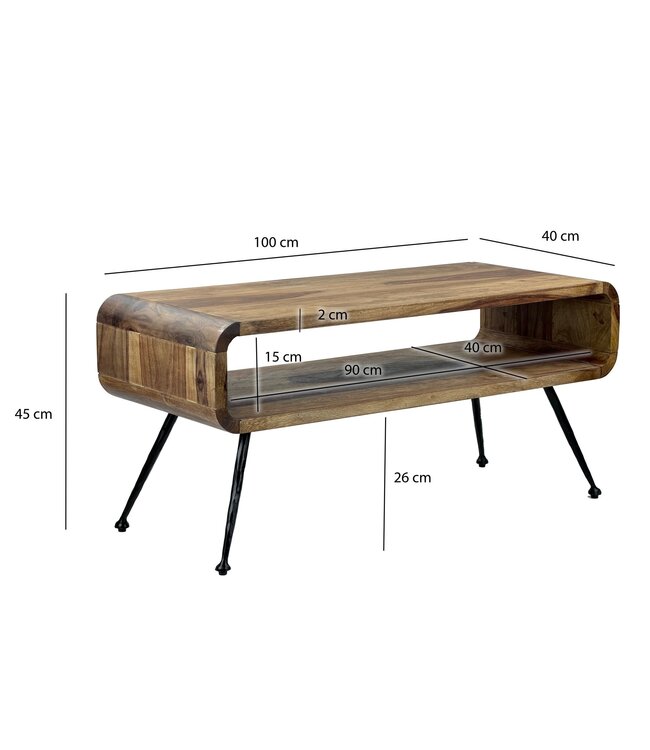 Wohnling Retro Salontafel Sheesham Massief Hout 100cm · Rechthoekige Woonkamertafel met Opbergvak · Handgemaakte Sofatafel van Hout met Metalen Poten in Industrieel Design