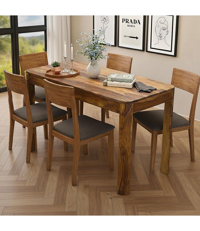 Wohnling Eettafel Sheesham Massief Hout 120cm voor tot 6 Personen · Rechthoekige Keukentafel in Modern Design · Handgemaakte Houten Tafel met Afgeronde Randen voor Eetkamer of Keuken
