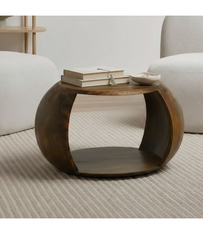 Wohnling Salontafel Mango Massiefhout rond 60 cm x 46 cm x 36 cm - Woonkamertafel met opbergvak - Handgemaakte banktafel van echt hout in natuurlijk landhuisdesign