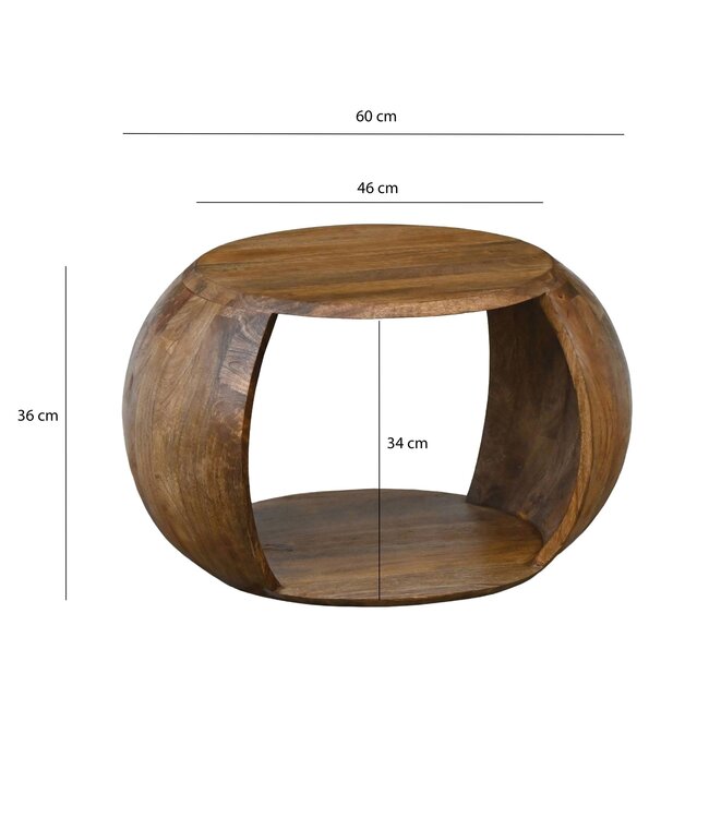 Wohnling Salontafel Mango Massiefhout rond 60 cm x 46 cm x 36 cm - Woonkamertafel met opbergvak - Handgemaakte banktafel van echt hout in natuurlijk landhuisdesign