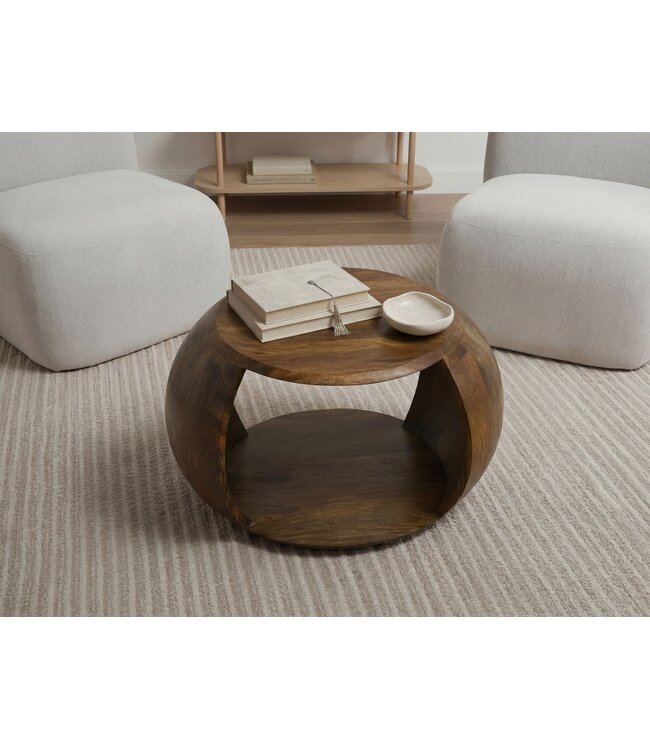 Wohnling Salontafel Mango Massiefhout rond 60 cm x 46 cm x 36 cm - Woonkamertafel met opbergvak - Handgemaakte banktafel van echt hout in natuurlijk landhuisdesign
