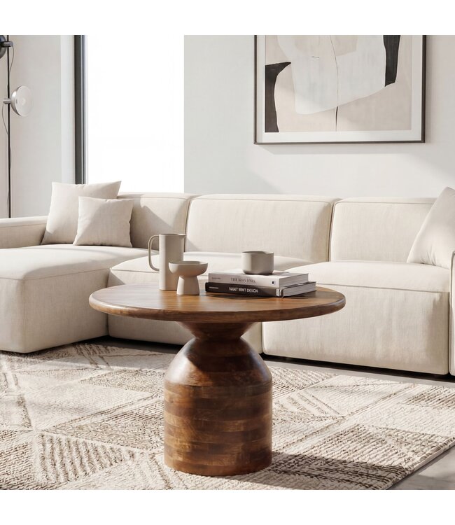 Wohnling Salontafel Mango Massief Hout 60cm Natuur Rond - Design Woonkamertafel - Banktafel Hout - Koffietafel Zuilvoet - Bijzettafel Massief Handgemaakt