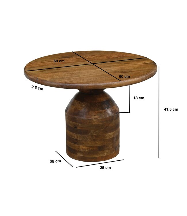 Wohnling Salontafel Mango Massief Hout 60cm Natuur Rond - Design Woonkamertafel - Banktafel Hout - Koffietafel Zuilvoet - Bijzettafel Massief Handgemaakt