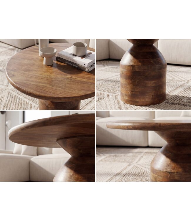Wohnling Salontafel Mango Massief Hout 60cm Natuur Rond - Design Woonkamertafel - Banktafel Hout - Koffietafel Zuilvoet - Bijzettafel Massief Handgemaakt
