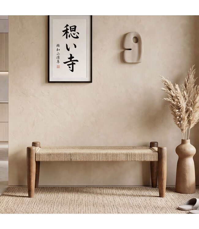 Wohnling Zitbank 120cm Jute Mango Massiefhout Bruin - Halbank Houten bank Entree - Bedbank Gangbank voor de Hal - Slaapkamer Belastbaar tot 200 kg Handgemaakt
