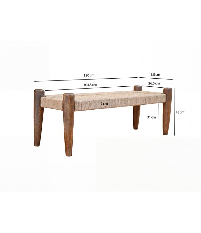 Wohnling Zitbank 120cm Jute Mango Massiefhout Bruin - Halbank Houten bank Entree - Bedbank Gangbank voor de Hal - Slaapkamer Belastbaar tot 200 kg Handgemaakt