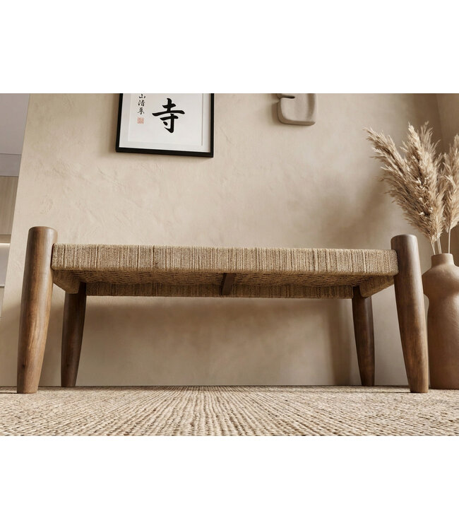 Wohnling Zitbank 120cm Jute Mango Massiefhout Bruin - Halbank Houten bank Entree - Bedbank Gangbank voor de Hal - Slaapkamer Belastbaar tot 200 kg Handgemaakt