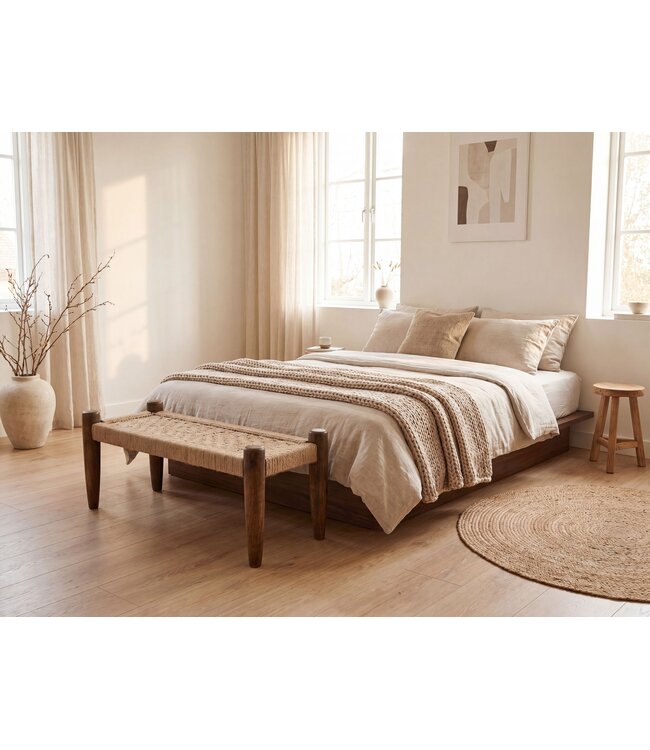 Wohnling Zitbank 120cm Jute Mango Massiefhout Bruin - Halbank Houten bank Entree - Bedbank Gangbank voor de Hal - Slaapkamer Belastbaar tot 200 kg Handgemaakt