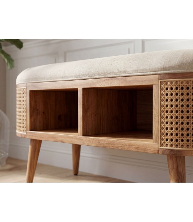 Wohnling gestoffeerde zitbank 90 cm Weens vlechtwerk - Retro schoenenbank voor hal, slaapkamer & woonkamer - Garderobebank entree - Halbank Handgemaakt