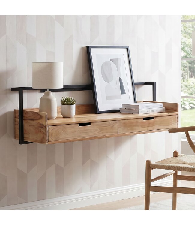 Wohnling Wandbureau Acacia Massief Hout 120cm met 2 Lades - Design Bureau voor aan de Muur Hangend met Opbergruimte - Zwevend Handgemaakt