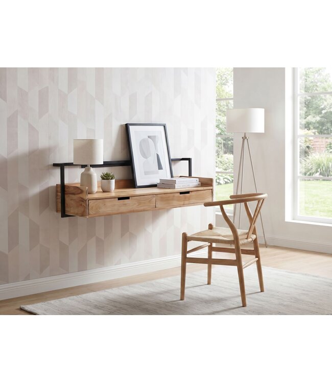Wohnling Wandbureau Acacia Massief Hout 120cm met 2 Lades - Design Bureau voor aan de Muur Hangend met Opbergruimte - Zwevend Handgemaakt
