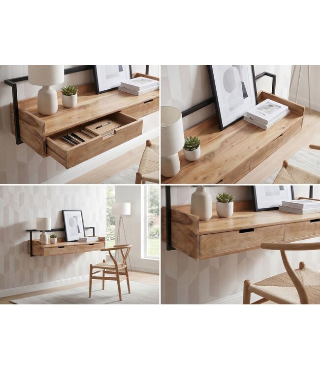 Wohnling Wandbureau Acacia Massief Hout 120cm met 2 Lades - Design Bureau voor aan de Muur Hangend met Opbergruimte - Zwevend Handgemaakt