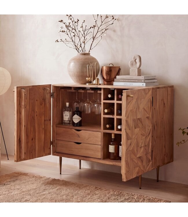 Wohnling Barkast Acacia Massief Hout 90cm Natuur met Wijnrek - Design Huisbar met Glashouder - Wijnkast Hout met Deuren - Drankenkast Wijncommode Hout Bar Woonkamer Handgemaakt