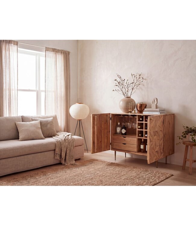 Wohnling Barkast Acacia Massief Hout 90cm Natuur met Wijnrek - Design Huisbar met Glashouder - Wijnkast Hout met Deuren - Drankenkast Wijncommode Hout Bar Woonkamer Handgemaakt