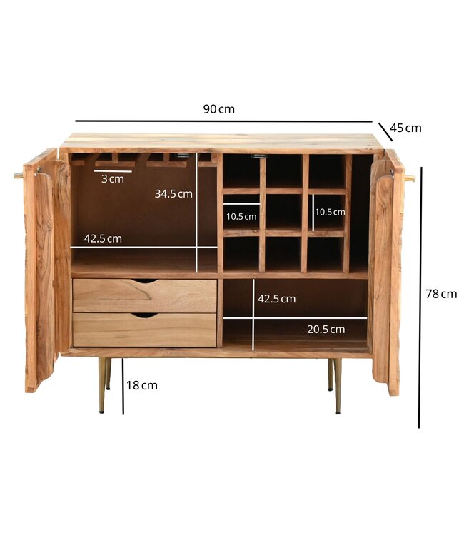 Wohnling Barkast Acacia Massief Hout 90cm Natuur met Wijnrek - Design Huisbar met Glashouder - Wijnkast Hout met Deuren - Drankenkast Wijncommode Hout Bar Woonkamer Handgemaakt