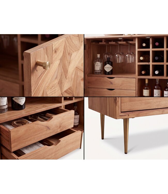 Wohnling Barkast Acacia Massief Hout 90cm Natuur met Wijnrek - Design Huisbar met Glashouder - Wijnkast Hout met Deuren - Drankenkast Wijncommode Hout Bar Woonkamer Handgemaakt