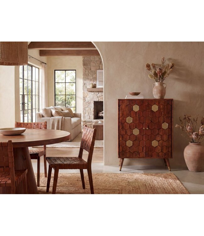 Wohnling Barkast Acacia Massief Hout 75x96cm Bar Meubel met Honingraat Patroon - Design Huisbar met Deuren - Wijnkast met Glashouder - Drankenkast - Houten Bar Woonkamer Handgemaakt