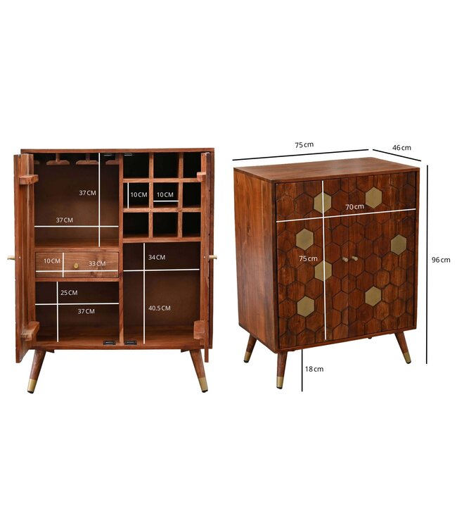 Wohnling Barkast Acacia Massief Hout 75x96cm Bar Meubel met Honingraat Patroon - Design Huisbar met Deuren - Wijnkast met Glashouder - Drankenkast - Houten Bar Woonkamer Handgemaakt
