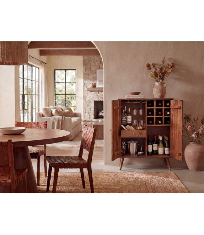 Wohnling Barkast Acacia Massief Hout 75x96cm Bar Meubel met Honingraat Patroon - Design Huisbar met Deuren - Wijnkast met Glashouder - Drankenkast - Houten Bar Woonkamer Handgemaakt