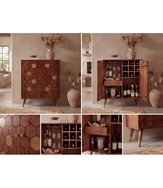 Wohnling Barkast Acacia Massief Hout 75x96cm Bar Meubel met Honingraat Patroon - Design Huisbar met Deuren - Wijnkast met Glashouder - Drankenkast - Houten Bar Woonkamer Handgemaakt