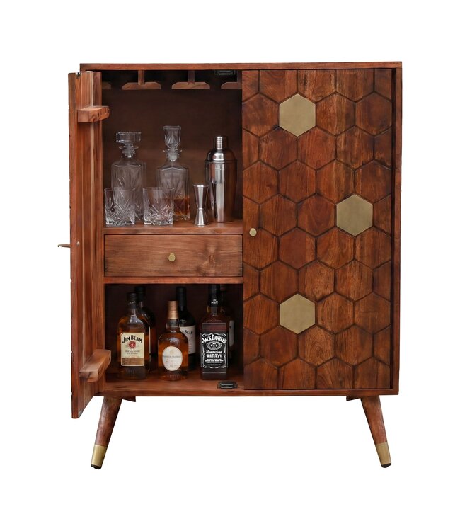 Wohnling Barkast Acacia Massief Hout 75x96cm Bar Meubel met Honingraat Patroon - Design Huisbar met Deuren - Wijnkast met Glashouder - Drankenkast - Houten Bar Woonkamer Handgemaakt