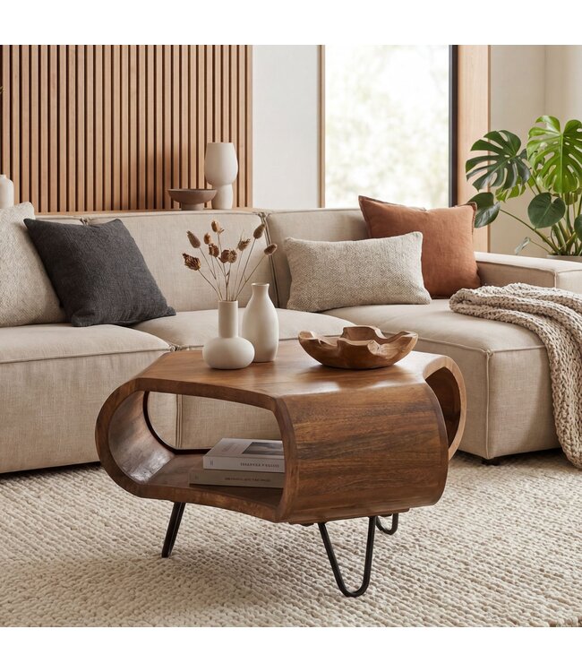 Wohnling Salontafel Mango Massiefhout 60cm Organische Vorm - Design Woonkamertafel met Opbergruimte - Banktafel met Metalen Poten - Bijzettafel met Plank Industrieel Hout Handgemaakt