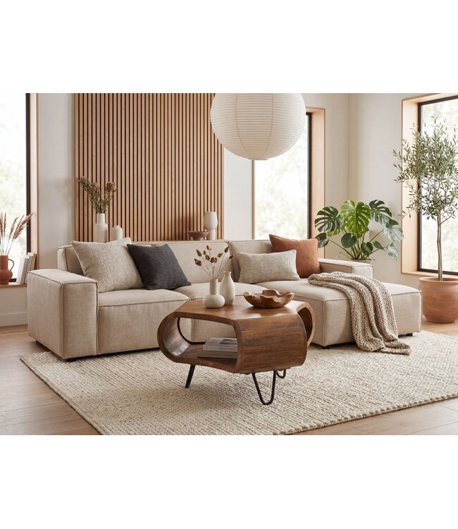 Wohnling Salontafel Mango Massiefhout 60cm Organische Vorm - Design Woonkamertafel met Opbergruimte - Banktafel met Metalen Poten - Bijzettafel met Plank Industrieel Hout Handgemaakt