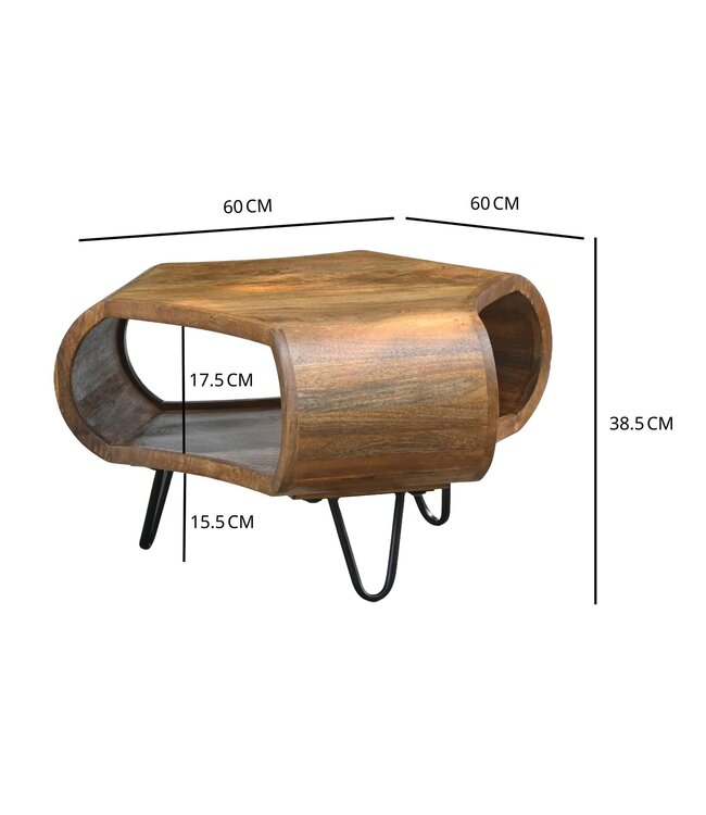 Wohnling Salontafel Mango Massiefhout 60cm Organische Vorm - Design Woonkamertafel met Opbergruimte - Banktafel met Metalen Poten - Bijzettafel met Plank Industrieel Hout Handgemaakt