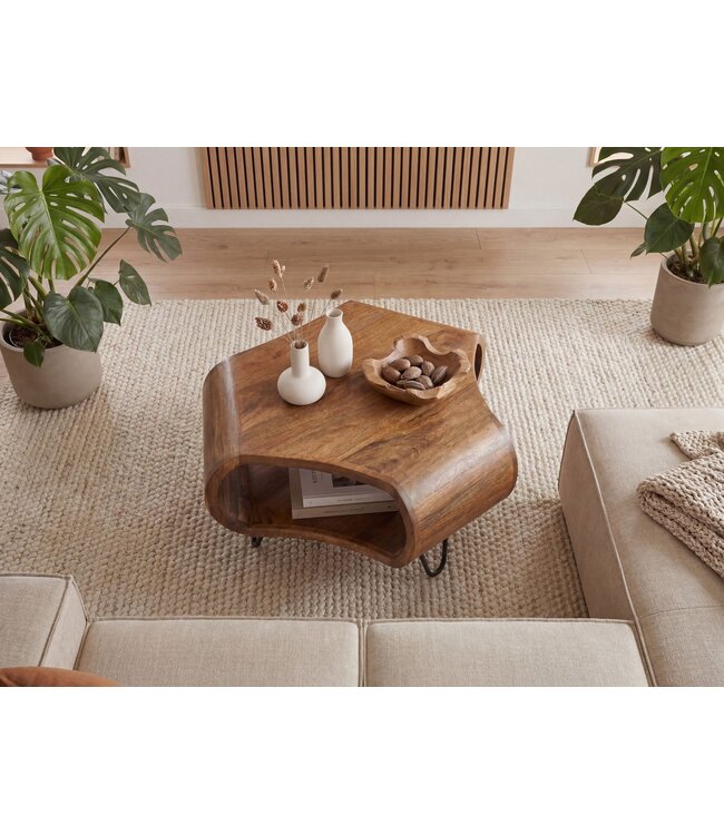 Wohnling Salontafel Mango Massiefhout 60cm Organische Vorm - Design Woonkamertafel met Opbergruimte - Banktafel met Metalen Poten - Bijzettafel met Plank Industrieel Hout Handgemaakt