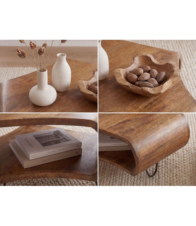 Wohnling Salontafel Mango Massiefhout 60cm Organische Vorm - Design Woonkamertafel met Opbergruimte - Banktafel met Metalen Poten - Bijzettafel met Plank Industrieel Hout Handgemaakt
