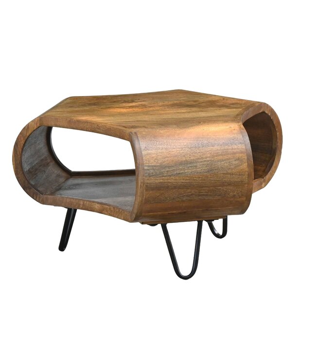Wohnling Salontafel Mango Massiefhout 60cm Organische Vorm - Design Woonkamertafel met Opbergruimte - Banktafel met Metalen Poten - Bijzettafel met Plank Industrieel Hout Handgemaakt