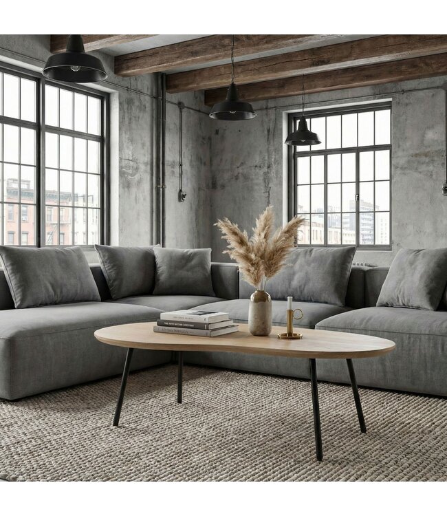 Wohnling Salontafel niervorm Mangohout massief white wash 122 cm - Woonkamertafel Hout - Sofatafel Retro - Bijzettafel Metalen Frame - Design Tafel Handgemaakt