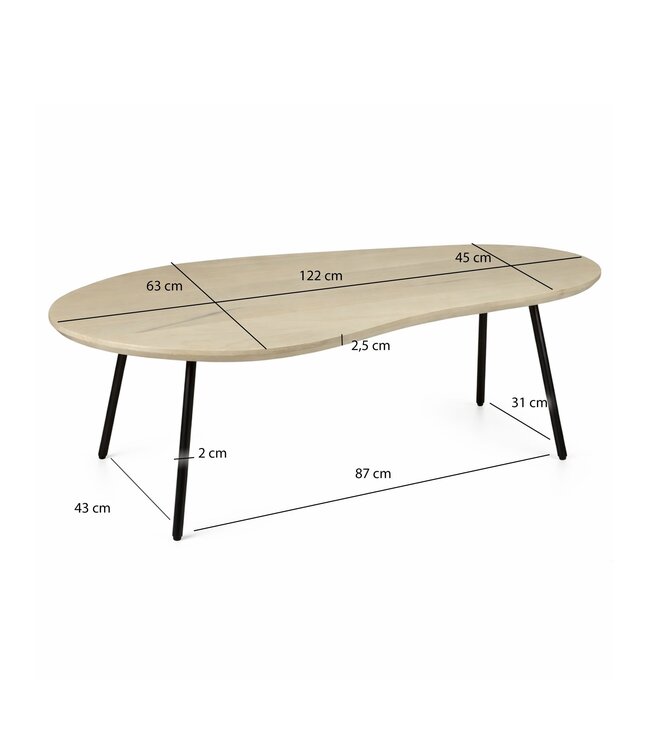 Wohnling Salontafel niervorm Mangohout massief white wash 122 cm - Woonkamertafel Hout - Sofatafel Retro - Bijzettafel Metalen Frame - Design Tafel Handgemaakt