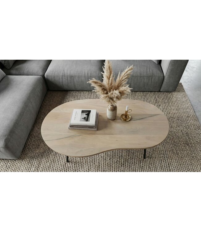 Wohnling Salontafel niervorm Mangohout massief white wash 122 cm - Woonkamertafel Hout - Sofatafel Retro - Bijzettafel Metalen Frame - Design Tafel Handgemaakt