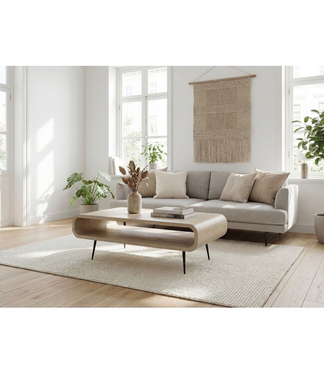 Wohnling Salontafel Mango Massiefhout white wash 90cm - Design Woonkamertafel met Metalen Poten - Rechthoekige Banktafel Opberg Retro - Loungetafel Hout - Natuur Bijzettafel Handgemaakt