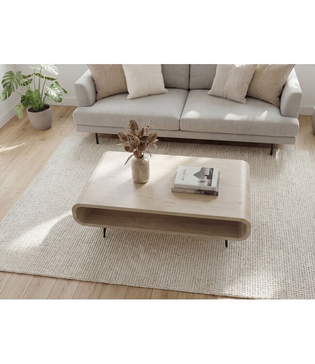 Wohnling Salontafel Mango Massiefhout white wash 90cm - Design Woonkamertafel met Metalen Poten - Rechthoekige Banktafel Opberg Retro - Loungetafel Hout - Natuur Bijzettafel Handgemaakt