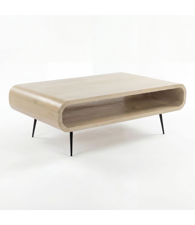 Wohnling Salontafel Mango Massiefhout white wash 90cm - Design Woonkamertafel met Metalen Poten - Rechthoekige Banktafel Opberg Retro - Loungetafel Hout - Natuur Bijzettafel Handgemaakt