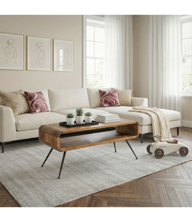 Wohnling Salontafel Mango Massiefhout Metaal 105cm - Design Woonkamertafel met Opbergvak - Rechthoekige Sofatafel Retro - Loungtafel Hout - Natuur Bijzettafel Handgemaakt