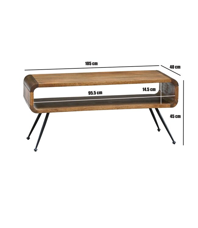 Wohnling Salontafel Mango Massiefhout Metaal 105cm - Design Woonkamertafel met Opbergvak - Rechthoekige Sofatafel Retro - Loungtafel Hout - Natuur Bijzettafel Handgemaakt