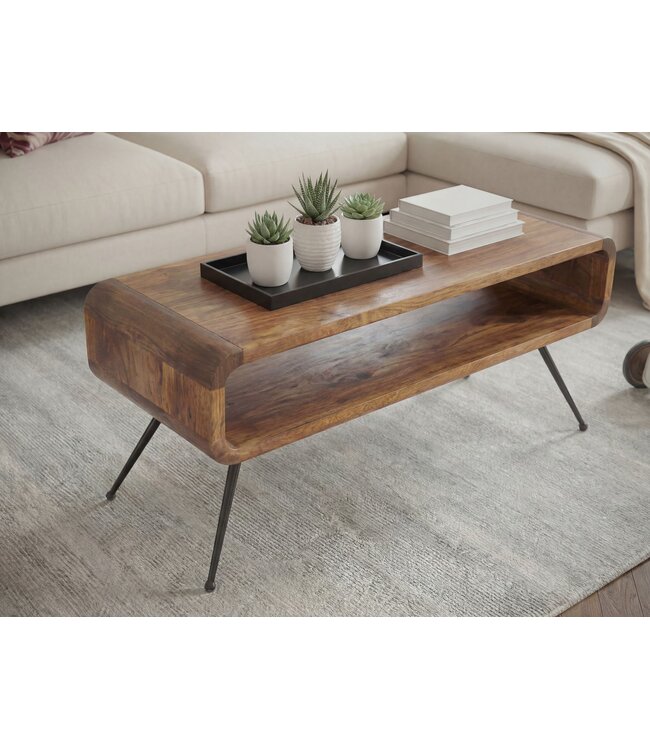 Wohnling Salontafel Mango Massiefhout Metaal 105cm - Design Woonkamertafel met Opbergvak - Rechthoekige Sofatafel Retro - Loungtafel Hout - Natuur Bijzettafel Handgemaakt