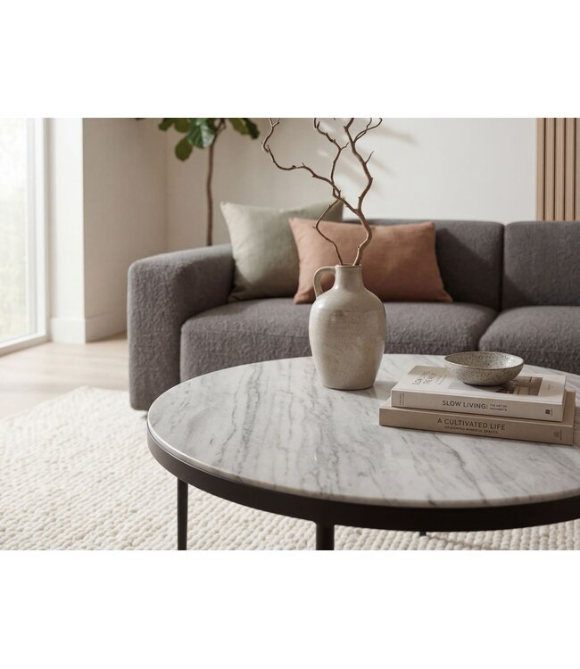 Wohnling Salontafel Metaal met wit Toronto Marmer Tafelblad 70cm rond - Ronde Woonkamertafel Design Loungtafel - Elegante Sofa Tafel - Moderne Bijzettafel Handgemaakt
