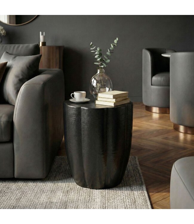 Wohnling Bijzettafel Aluminium Zwart 41cm Ronde Aanrechttafel Metaal - Decoratietafel Alu modern - Kleine Salontafel - Design Couchtafel Sofatafel Handgemaakt
