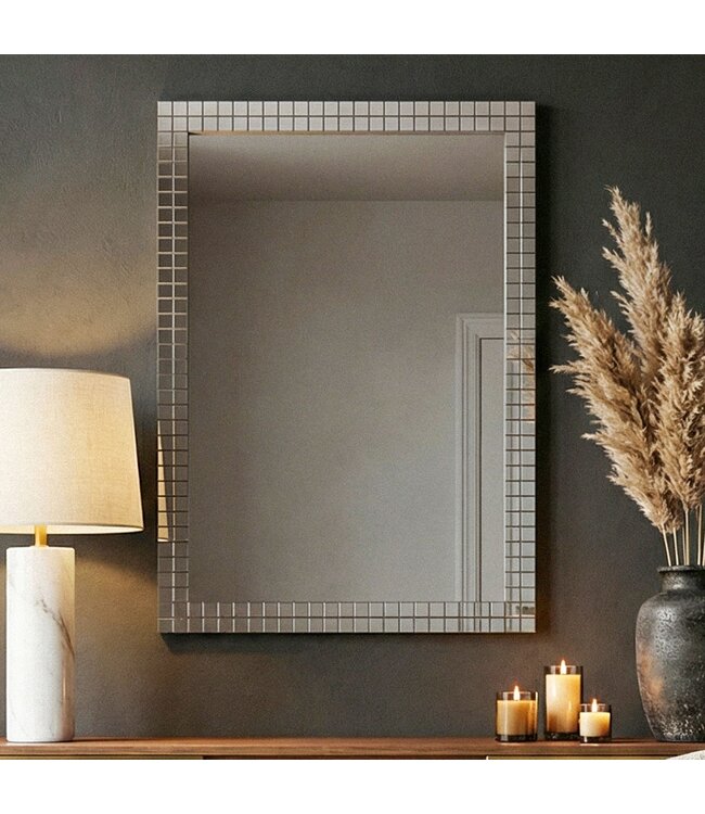 Wohnling Wandspiegel 60x90 cm met mozaïeklijst – Rechthoekige spiegel – Glazen woonspiegel – Moderne hangspiegel halspiegel – Woonkamerspiegel verticaal & horizontaal – Decoratieve spiegel Handgemaakt